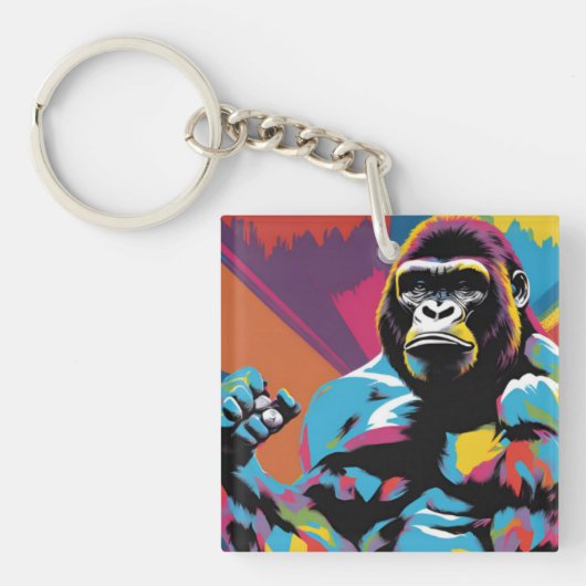 Gorilla Bodybuilder Gewichtslifter Pop Art Cartoon Sleutelhanger (voorkant)