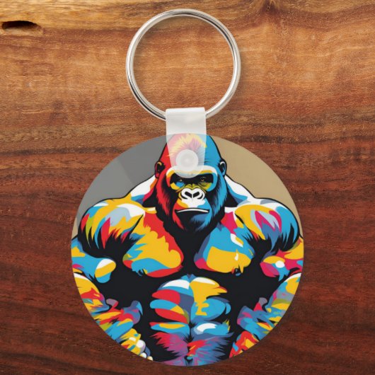 Gorilla Bodybuilder Gewichtslifter Pop Art Cartoon Sleutelhanger (Achterkant)