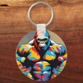 Gorilla Bodybuilder Gewichtslifter Pop Art Cartoon Sleutelhanger (Voorkant)