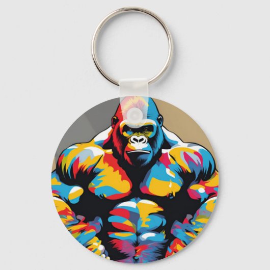 Gorilla Bodybuilder Gewichtslifter Pop Art Cartoon Sleutelhanger (Achterkant)