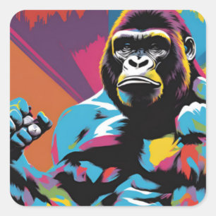 Gorilla Bodybuilder Gewichtslifter Pop Art Cartoon Vierkante Sticker