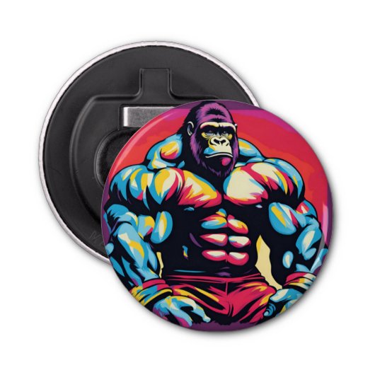 Gorilla Bodybuilder Lifter Pop Art Cartoon Button Flesopener (Voorkant)