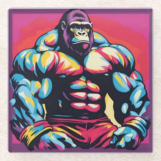 Gorilla Bodybuilder Lifter Pop Art Cartoon Glazen Onderzetter (Voorkant)