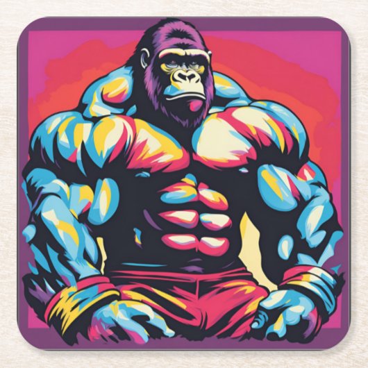 Gorilla Bodybuilder Lifter Pop Art Cartoon Kartonnen Onderzetters (Voorkant)