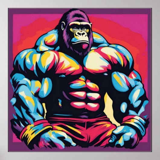 Gorilla Bodybuilder Lifter Pop Art Cartoon Poster (Voorkant)