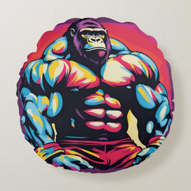 Gorilla Bodybuilder Lifter Pop Art Cartoon Rond Kussen (Voorkant)