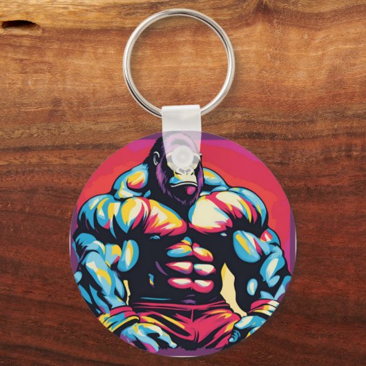 Gorilla Bodybuilder Lifter Pop Art Cartoon Sleutelhanger (Achterkant)