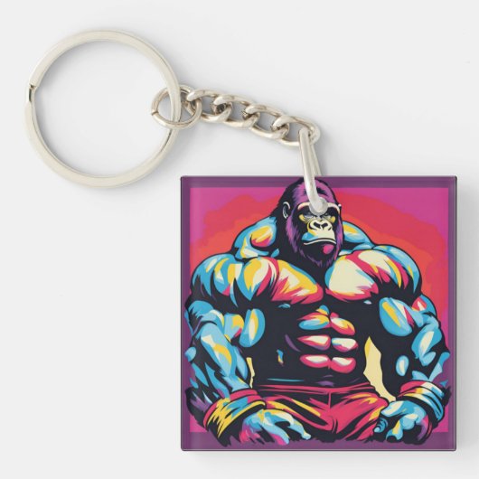 Gorilla Bodybuilder Lifter Pop Art Cartoon Sleutelhanger (voorkant)