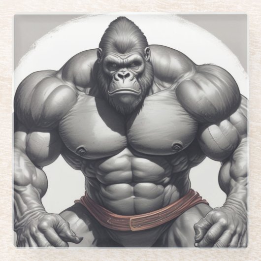 Gorilla Bodybuilder Pop Art Cartoon Tekenen Glazen Onderzetter (Voorkant)