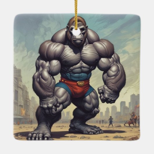 Gorilla Bodybuilder Pop Art Cartoon Tekenen Keramisch Ornament (Achterkant)