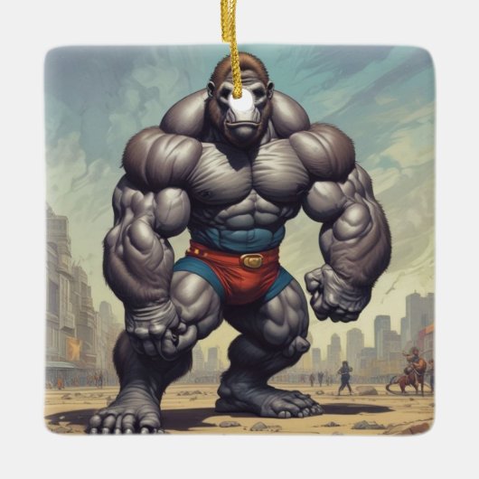 Gorilla Bodybuilder Pop Art Cartoon Tekenen Keramisch Ornament (Voorkant)