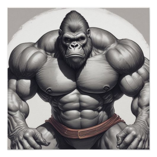 Gorilla Bodybuilder Pop Art Cartoon Tekenen Perfect Poster (Voorkant)