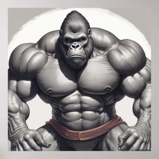 Gorilla Bodybuilder Pop Art Cartoon Tekenen Poster (Voorkant)