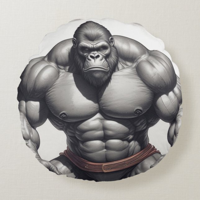 Gorilla Bodybuilder Pop Art Cartoon Tekenen Rond Kussen (Voorkant)