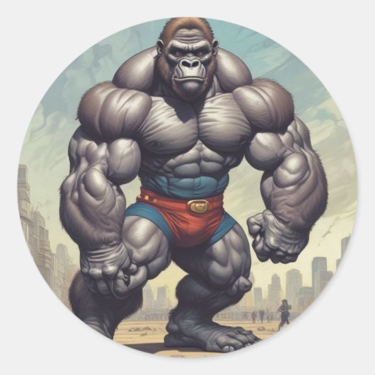 Gorilla Bodybuilder Pop Art Cartoon Tekenen Ronde Sticker (Voorkant)