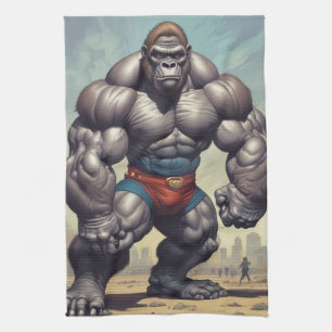 Gorilla Bodybuilder Pop Art Cartoon Tekenen Theedoek