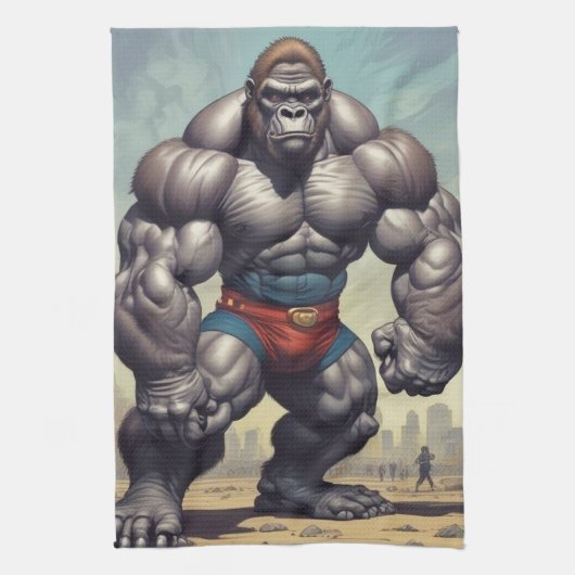 Gorilla Bodybuilder Pop Art Cartoon Tekenen Theedoek (Verticaal)