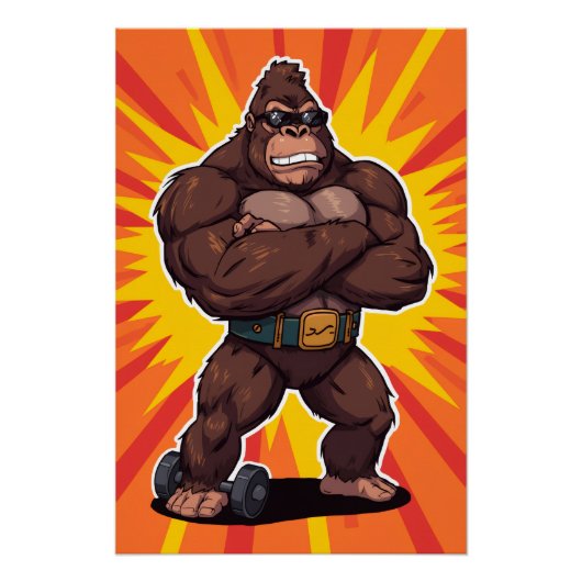 Gorilla Bodybuilder Weight Lifter Pop Art Cartoon Perfect Poster (Voorkant)