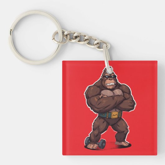Gorilla Bodybuilder Weight Lifter Pop Art Cartoon Sleutelhanger (voorkant)