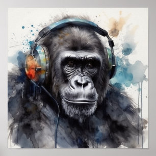 Gorilla die naar muziek luistert poster
