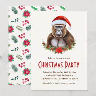 Gorilla in een kerstfeest van Santa Hat Poinsettia Kaart