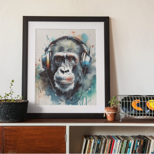Gorilla luistert naar hoofdtelefoon poster