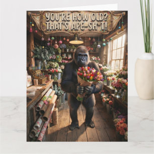 Gorilla met een boeket tulpen en leuk tekst kaart