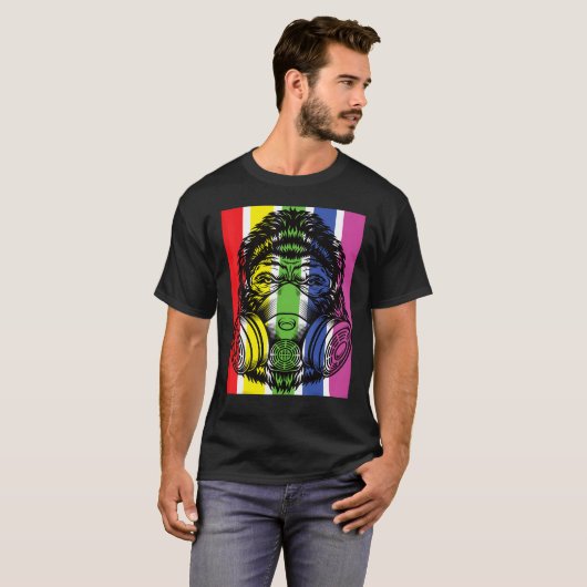 Gorilla met gasmaskerregenboogverstuiver t-shirt (Voorkant volledig)