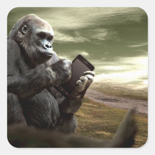 Gorilla neemt de tablet in vierkante sticker (Voorkant)