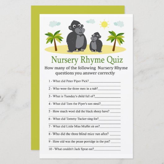 Gorilla Nursery Rhyme Quiz baby shower game (Voorkant / Achterkant)