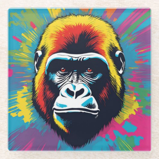 Gorilla Pop Art Cartoon Tekening Glazen Onderzetter (Voorkant)