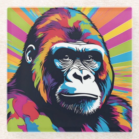 Gorilla Pop Art Cartoon Tekening Glazen Onderzetter (Voorkant)