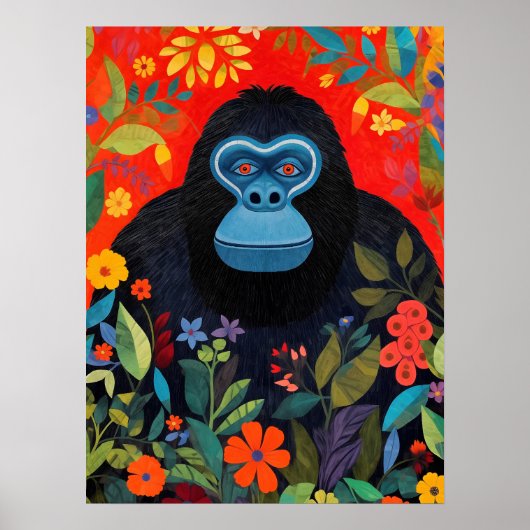 Gorilla schilderij Kleurrijke Bloemen Bladeren Pos Poster (Voorkant)