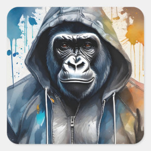 Gorilla Splatter Art Waterverf Portrait Hoodie Vierkante Sticker
