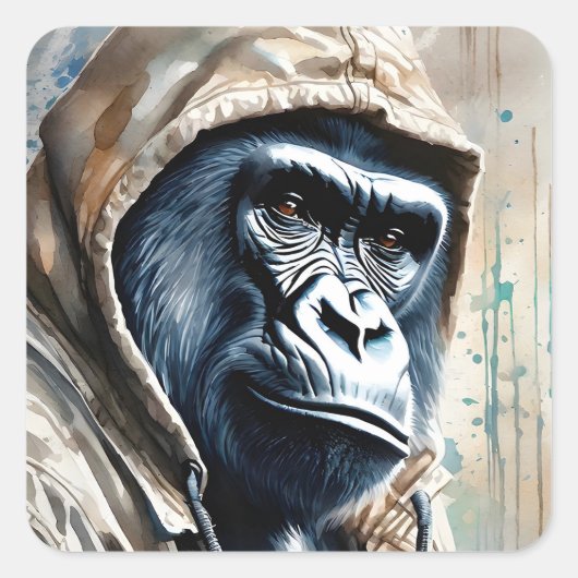Gorilla Splatter Art Waterverf Portret Pose Vierkante Sticker (Voorkant)