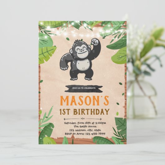 Gorilla verjaardagsuitnodiging kaart (Staand voorkant)