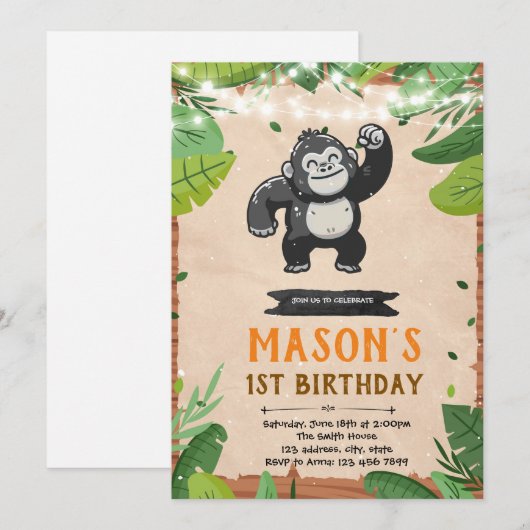 Gorilla verjaardagsuitnodiging kaart (Voorkant / Achterkant)