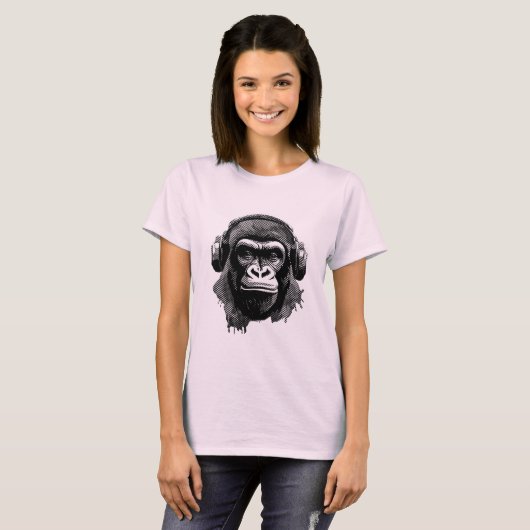 Gorillakopf mit Kopfhörern schwarz weiß Pixel T-shirt (Voorkant volledig)