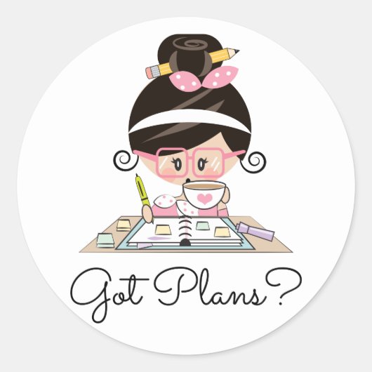 Got Planner Girl Donker Haar Lichte Huid Ronde Sticker (Voorkant)