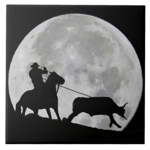 "Gotcha" Cowboy en Horse Steer Roping Full Moon Tegeltje