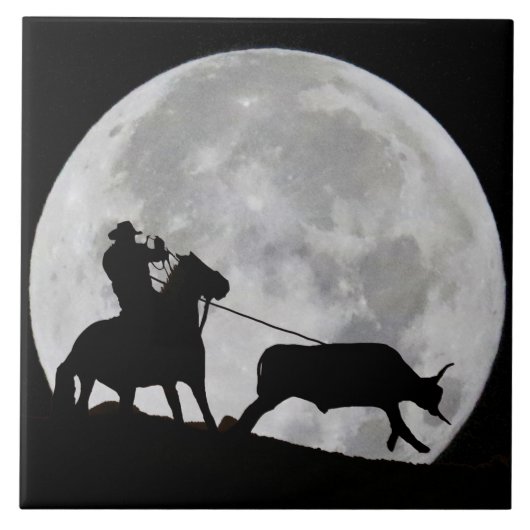 "Gotcha" Cowboy en Horse Steer Roping Full Moon Tegeltje (Voorkant)