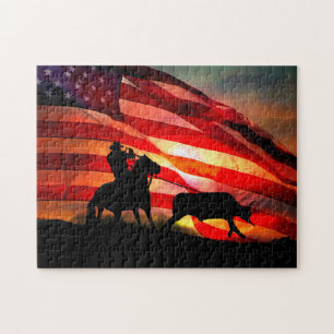 Gotcha Cowboy en Steer met Amerikaanse vlag Legpuzzel