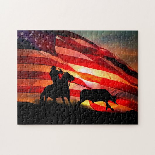 Gotcha Cowboy en Steer met Amerikaanse vlag Legpuzzel (Horizontaal)