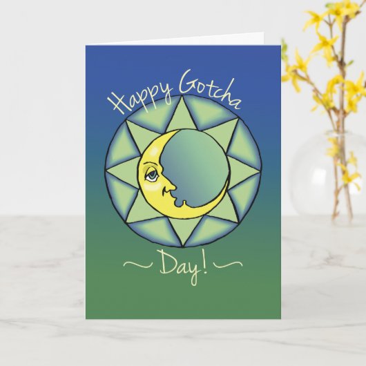 Gotcha Dag/Adoptie Jubileum Maan, Blauw, Groen Kaart (Gele Bloem)