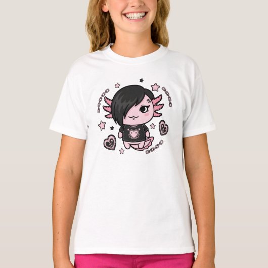 Goth E-Girl Axolotl with Pink Chains and Hearts T-shirt (Voorkant)