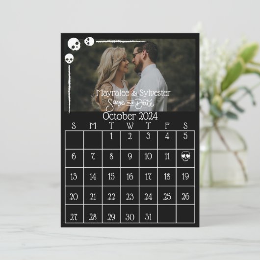 Goth Feest Donkere Sombere Schedels Bruiloft Save The Date (Staand voorkant)