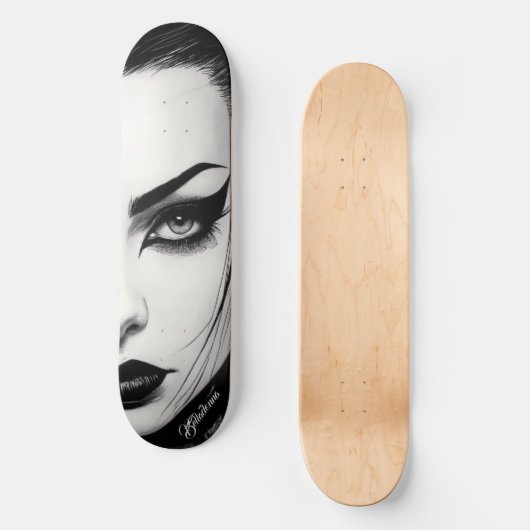 Goth girl bold ink drawing persoonlijk skateboard (Voorkant)