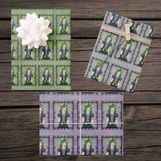 Goth Girl Green Hat Tattoos in Barbed Branch Frame Inpakpapier Vel