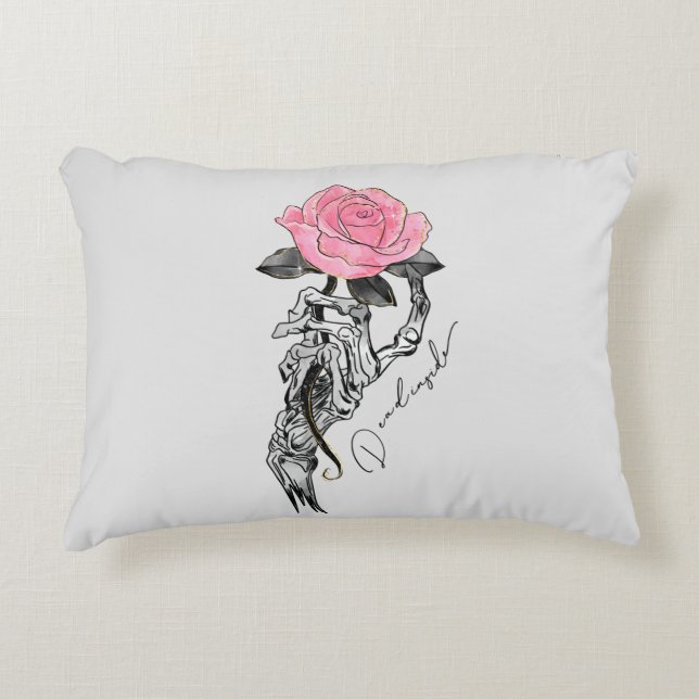 Goth Hand Skeleton With Pink Rose | Dead Inside Accent Kussen (Voorkant)