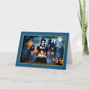Goth heks met cake - verjaardag op Halloween Feestdagen Kaart